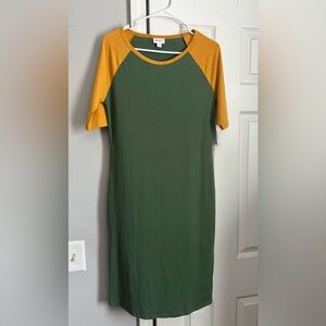 LuLaRoe Green and Gold Julia Dress medium new w/ tags, small color mark on back